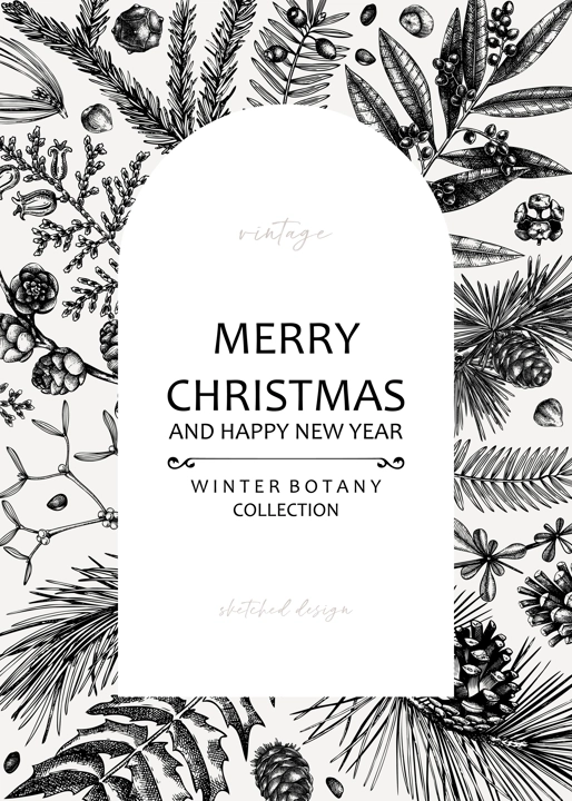 Merry Christmas card. Square frame with evergreen plants, conifers, and nuts drawing. Winter design with hand-drawn botanical illustrations. Christmas background, New Year invitation template